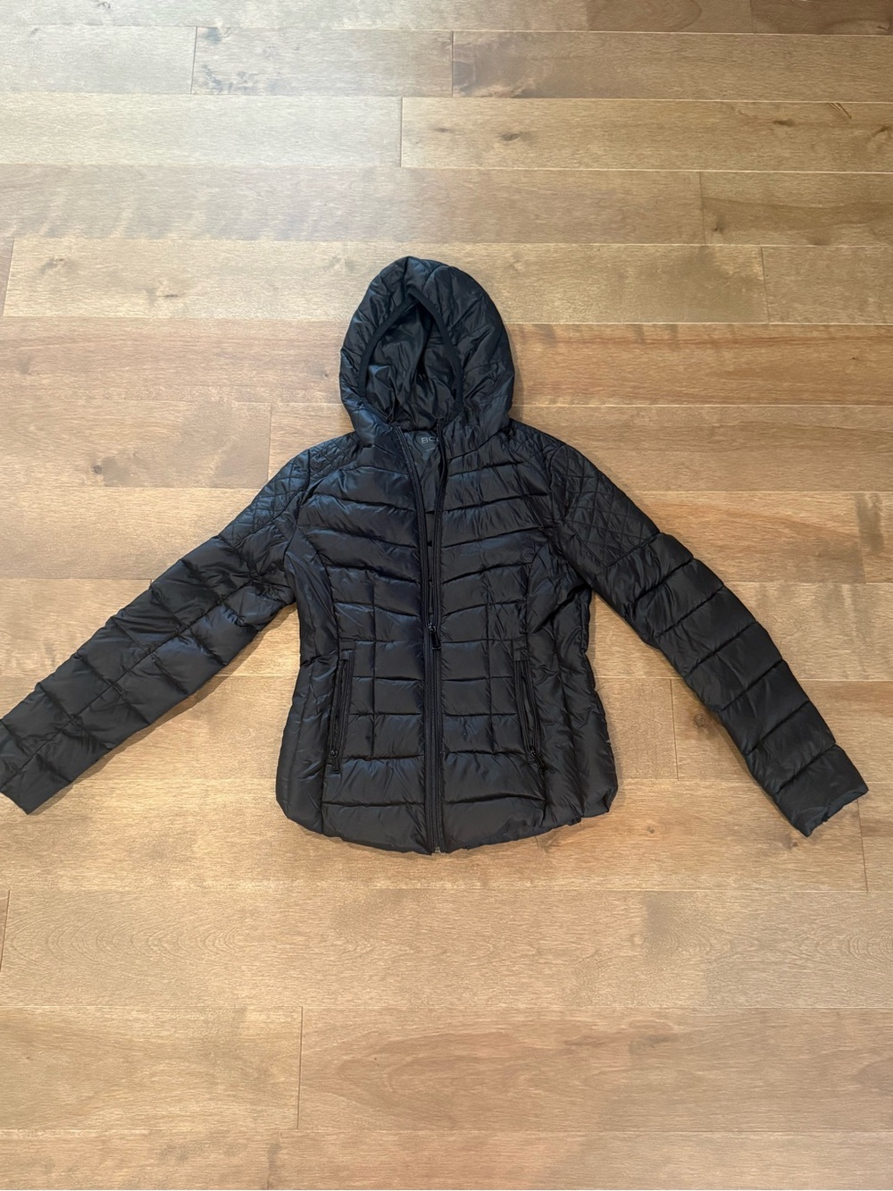 BCBG Generation Black Down Puffer Jacket Women’s S Hooded Packable Lightweight